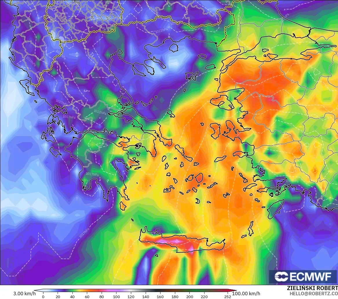 ECMWF IFS 0.25° model - Greece, Wind Gusts