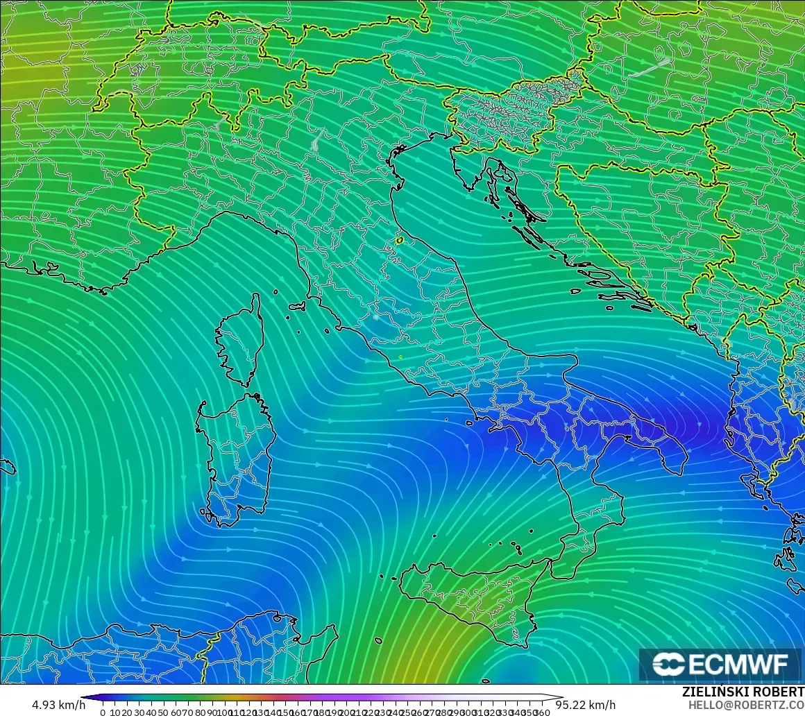 ECMWF IFS 0.25° model - Italy, Wind at 300hPa (jet stream)