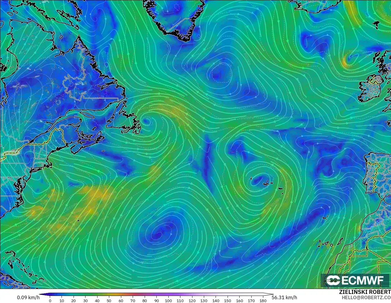 ECMWF IFS 0.25° model - North Atlantic, Wind at 10m