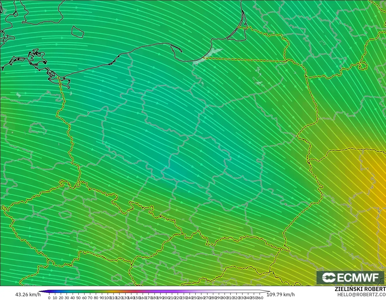 ECMWF IFS 0.25° model - Poland, Wind at 300hPa (jet stream)