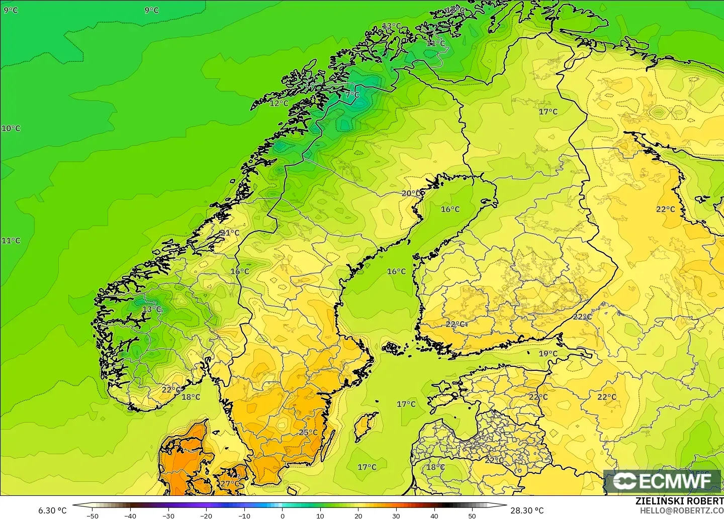 ECMWF IFS 0.25° model - Scandinavia, Temperature at 2m