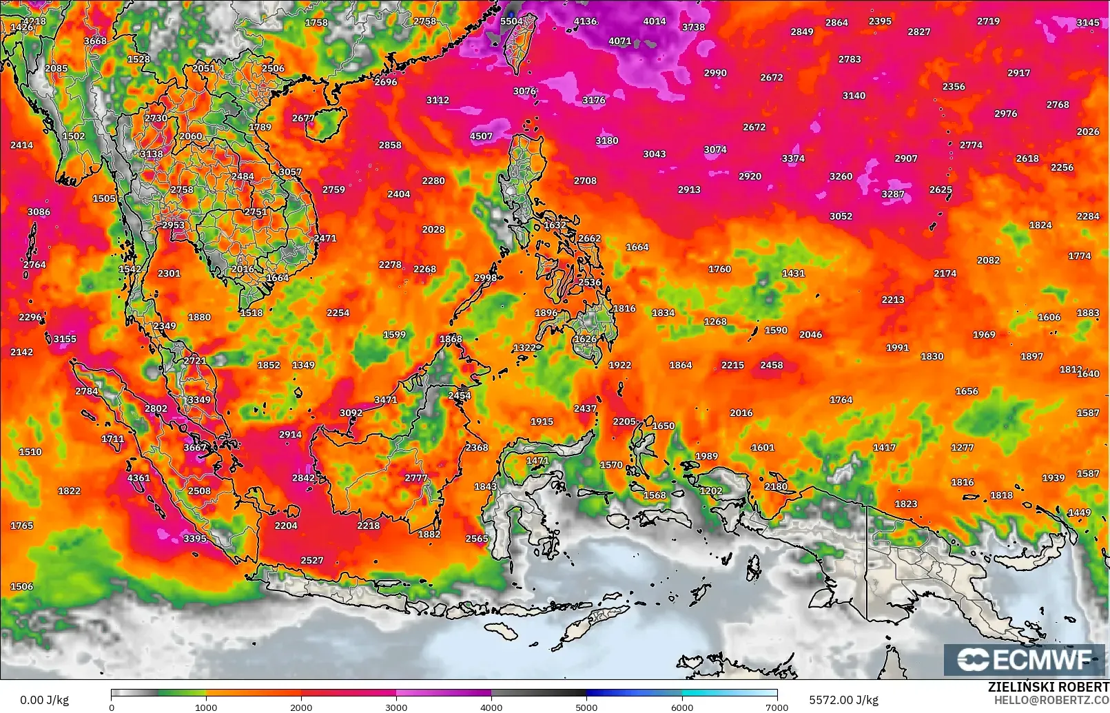 ECMWF IFS 0.25° model - South East Asia, CAPE