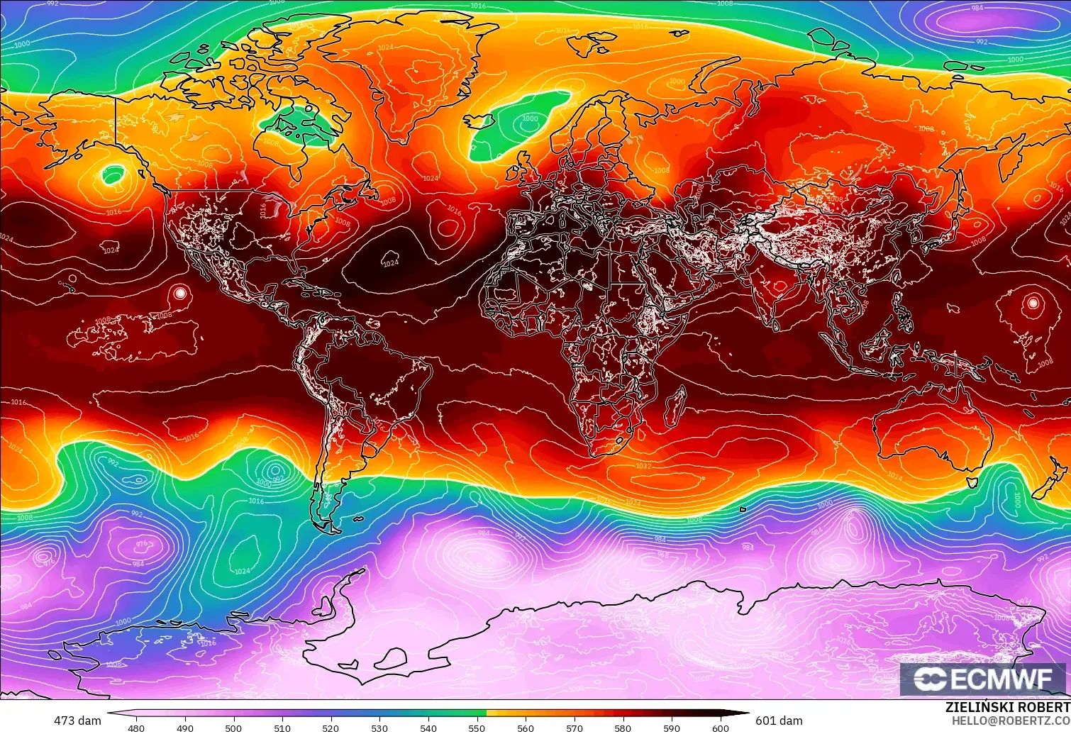 ECMWF IFS 0.25° model - World, Geopotential height at 500hPa