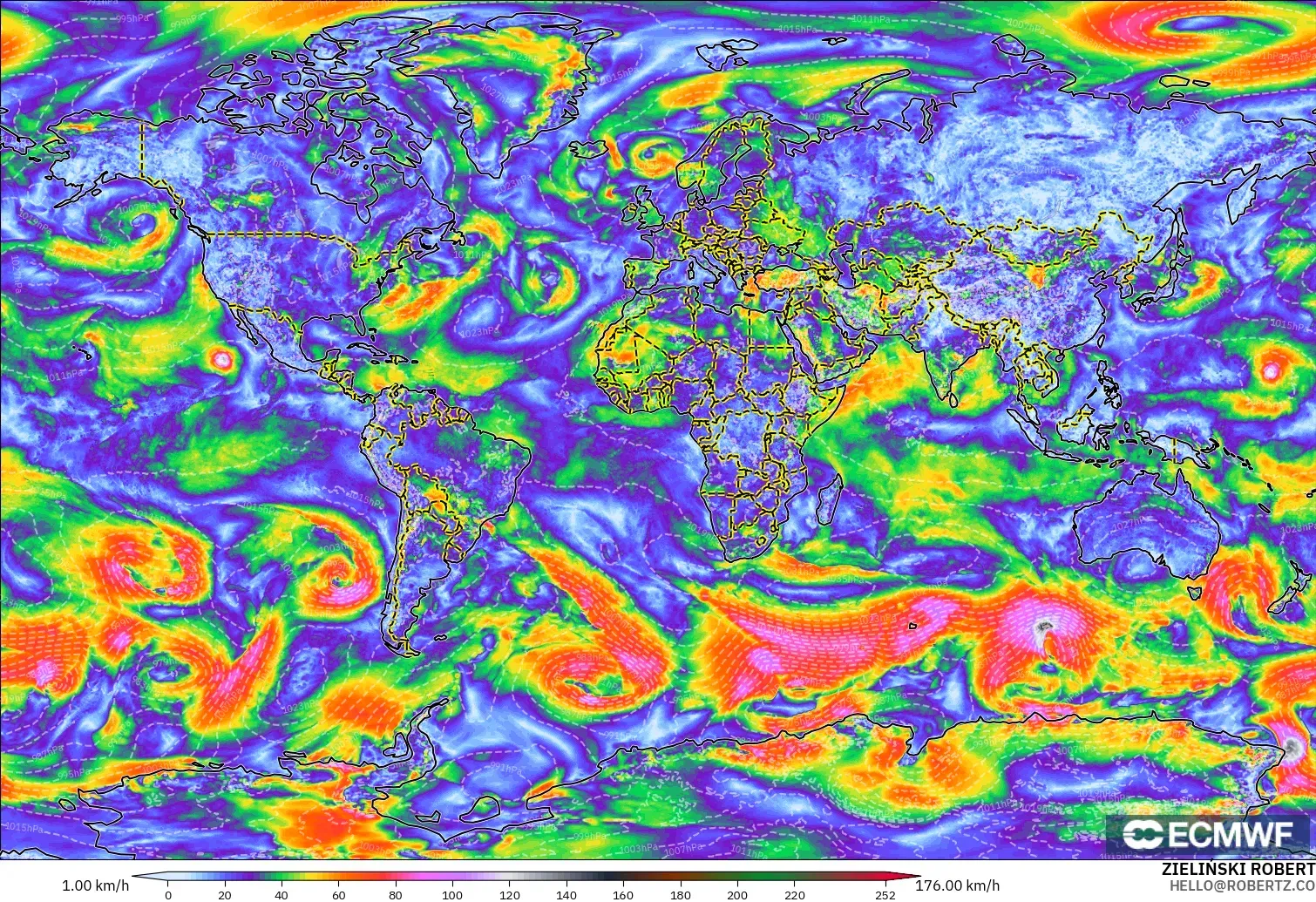 ECMWF IFS 0.25° model - World, Wind Gusts Peak