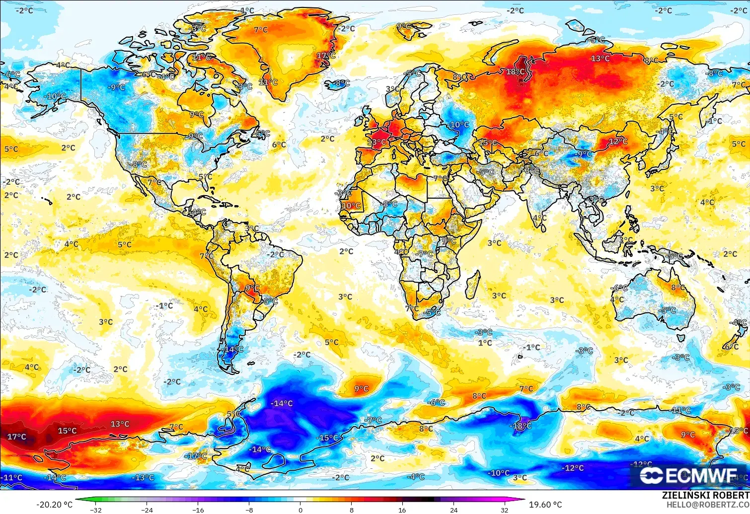 ECMWF IFS 0.25° model - World, Temperature at 2m Anomaly