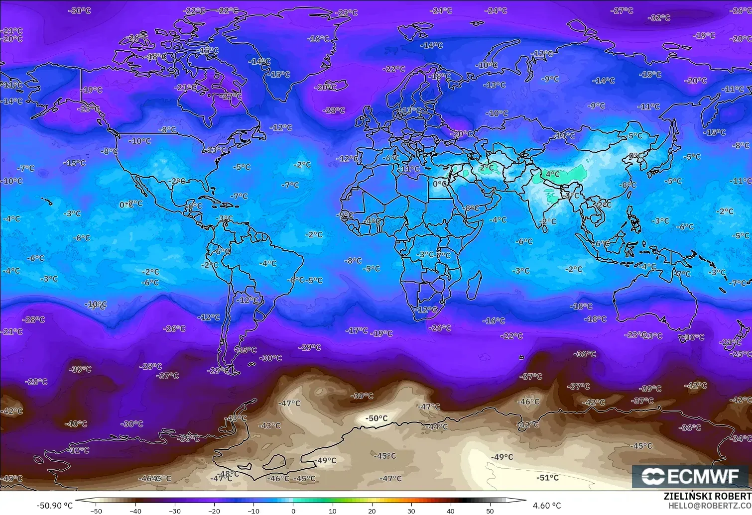 ECMWF IFS 0.25° model - World, Temperature at 500hPa