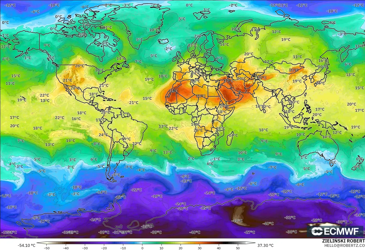 ECMWF IFS 0.25° model - World, Temperature at 850hPa