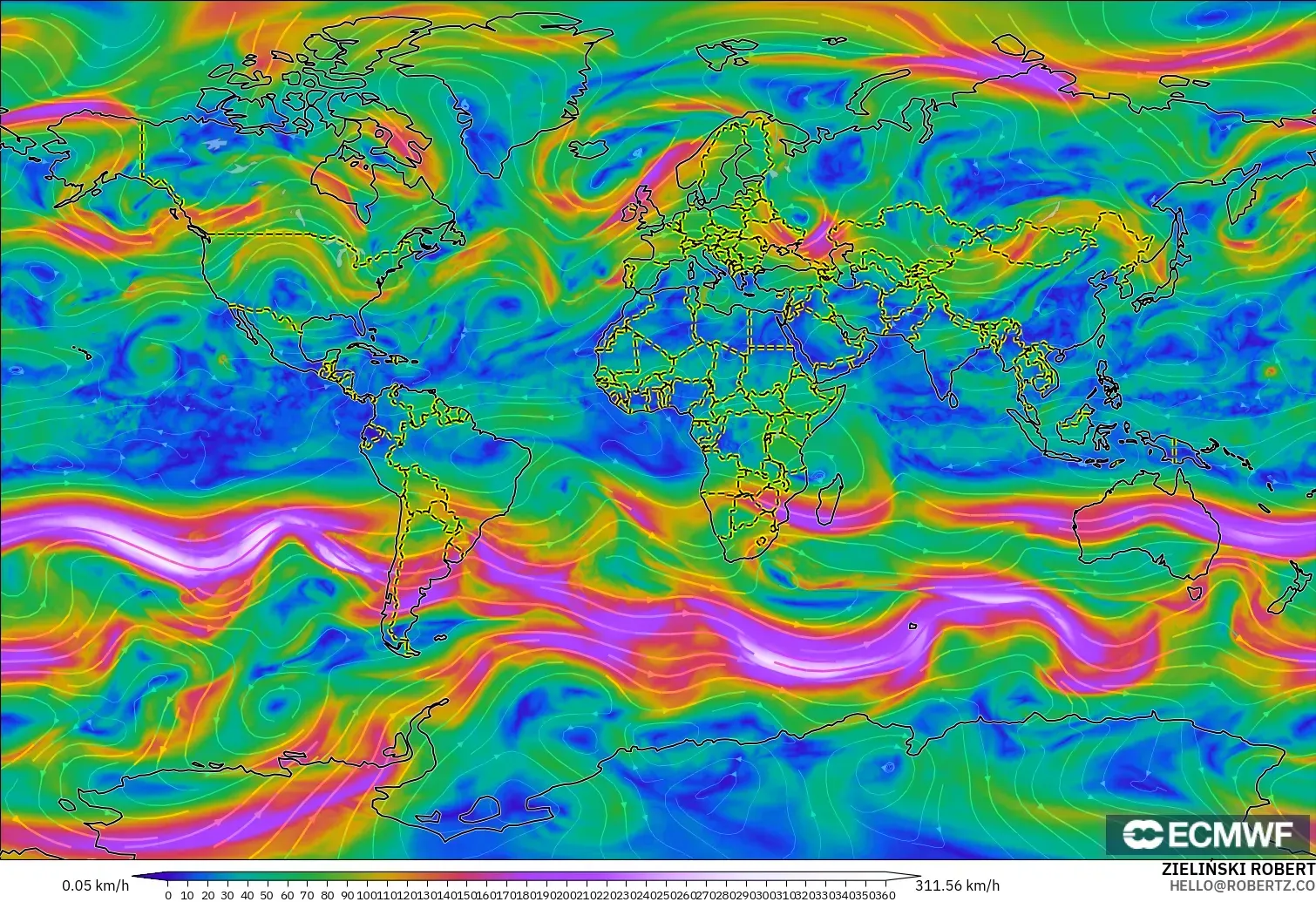 ECMWF IFS 0.25° model - World, Wind at 300hPa (jet stream)