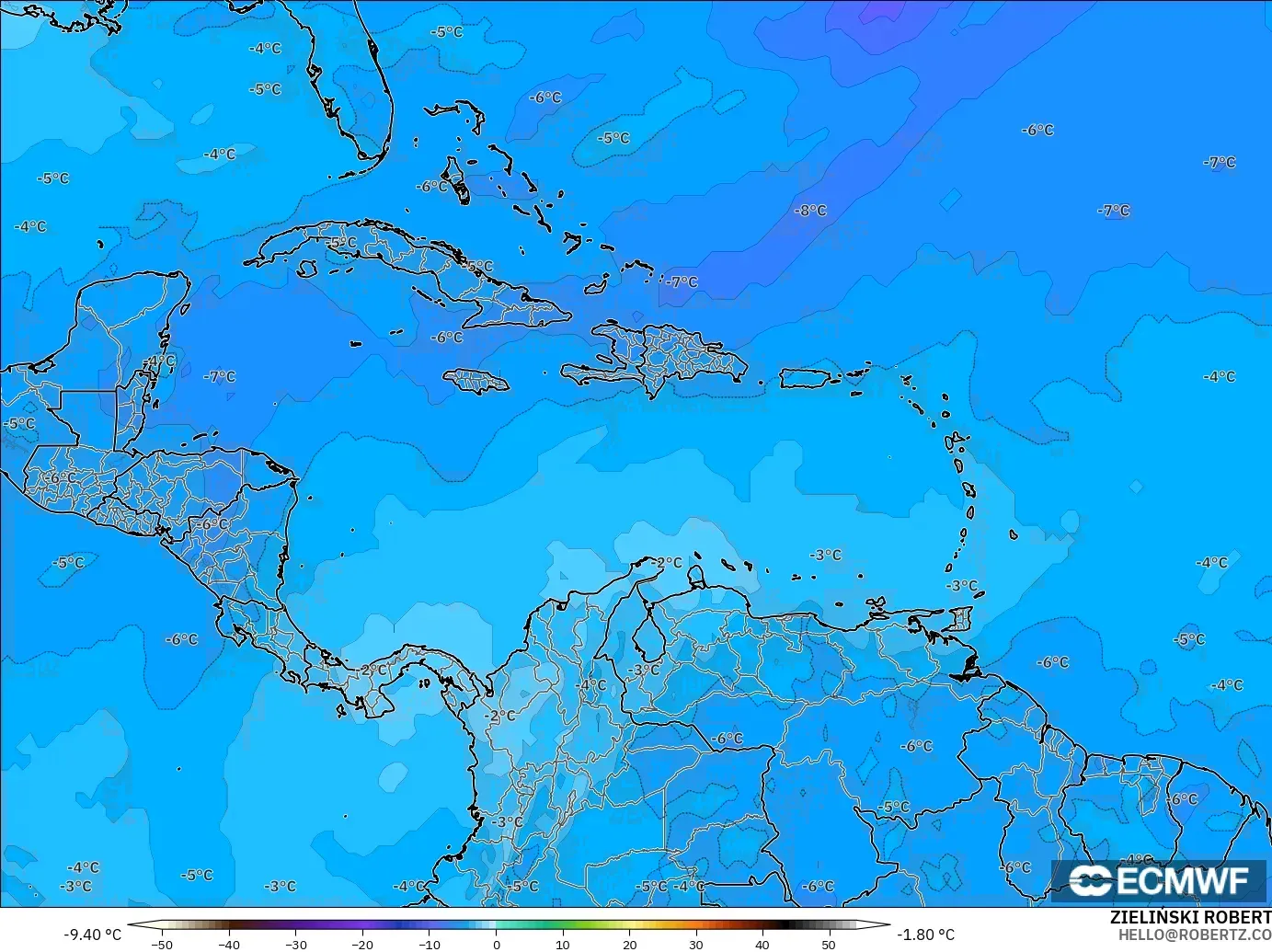 ECMWF IFS 0.25° model - Caribbean, Temperature at 500hPa