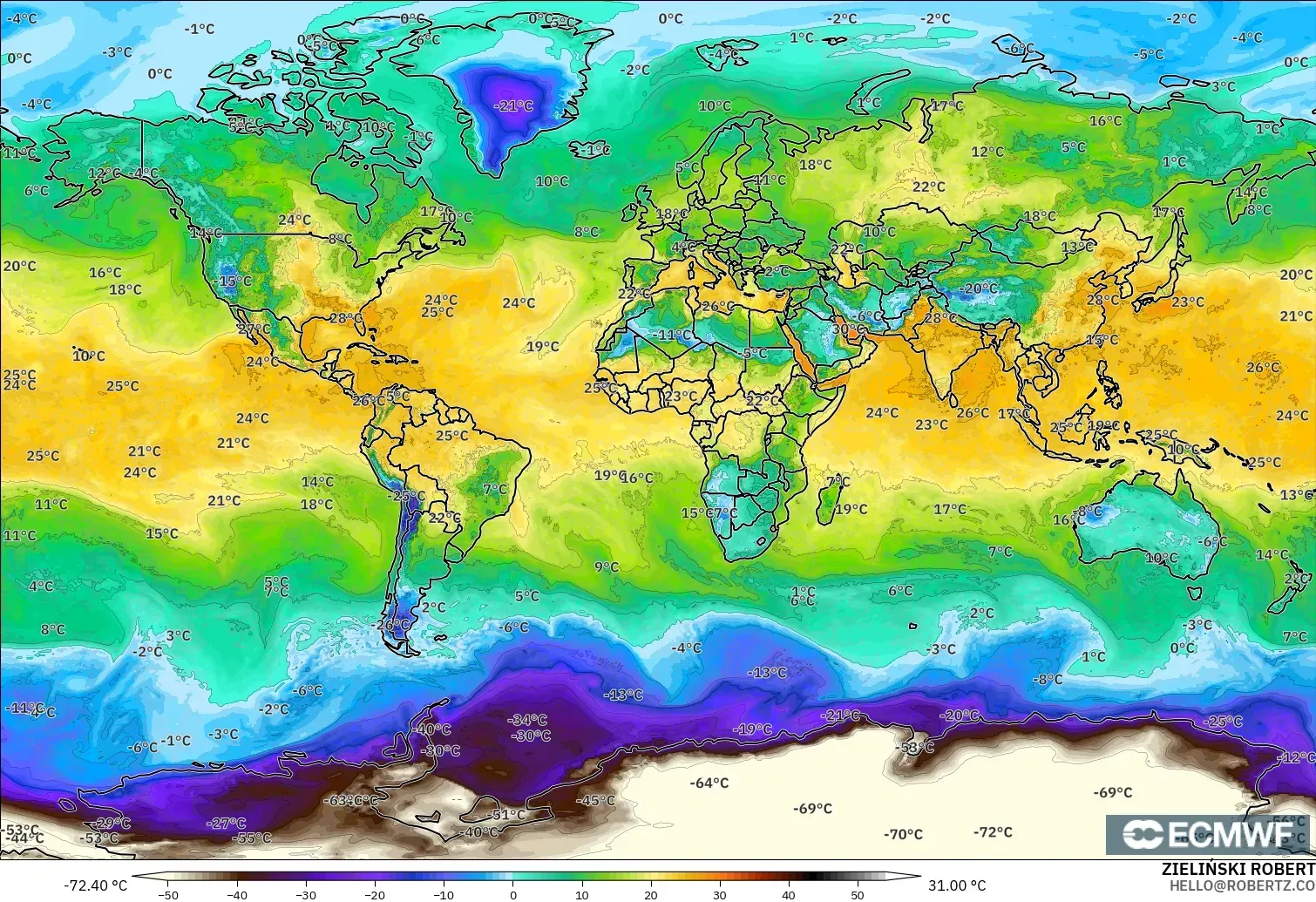 ECMWF IFS 0.25° model - World, Dewpoint at 2m