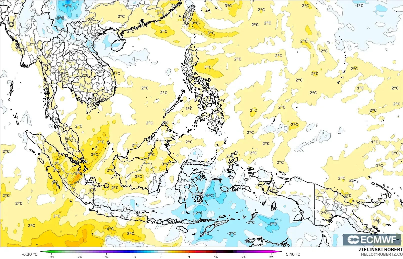 ECMWF IFS 0.25° model - South East Asia, Temperature at 850hPa Anomaly