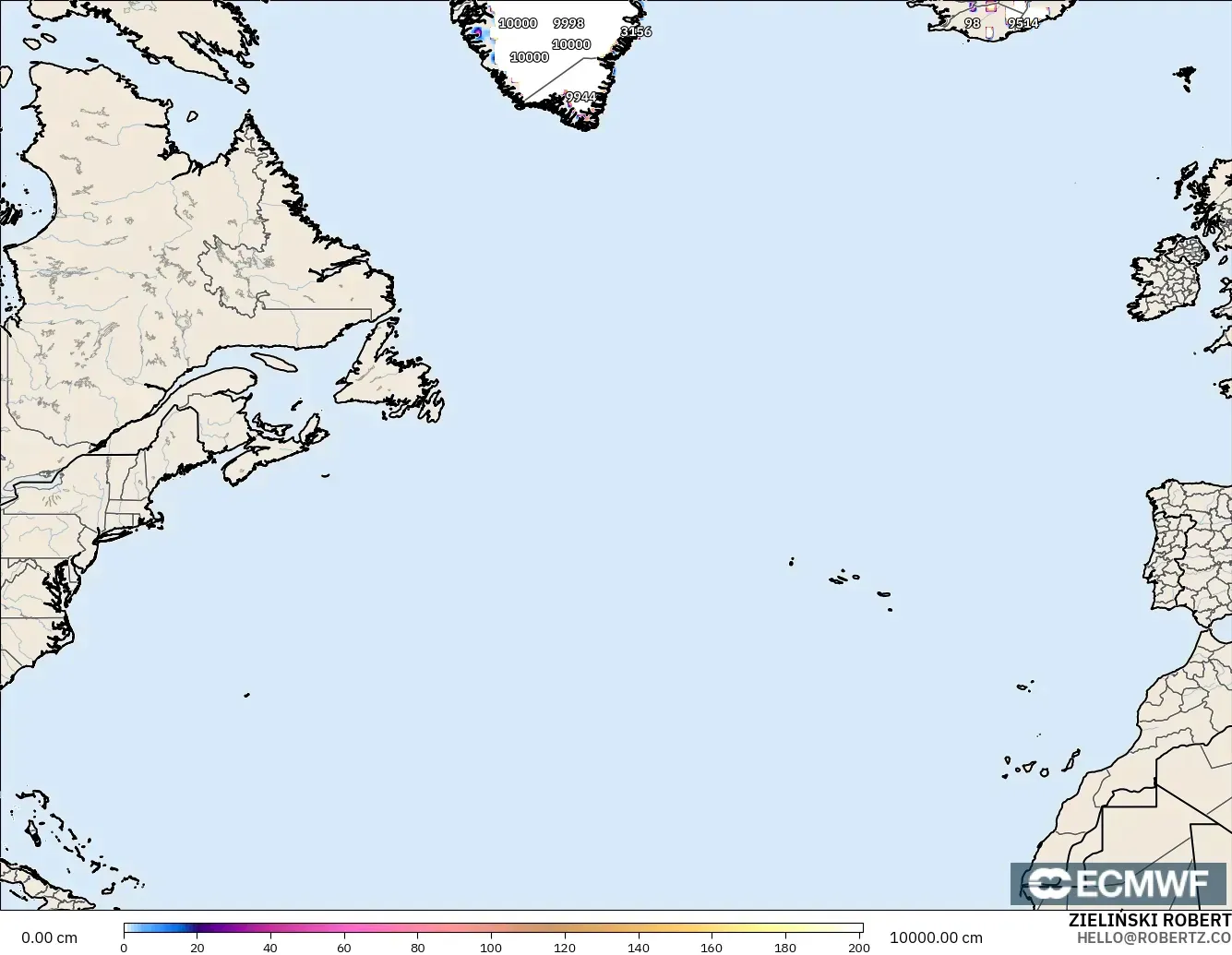 ECMWF IFS 0.25° model - North Atlantic, Snow Depth