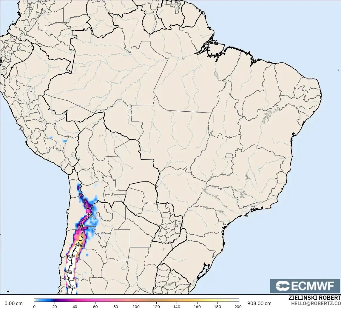 ECMWF IFS 0.25° model - Brazil, Snow Depth