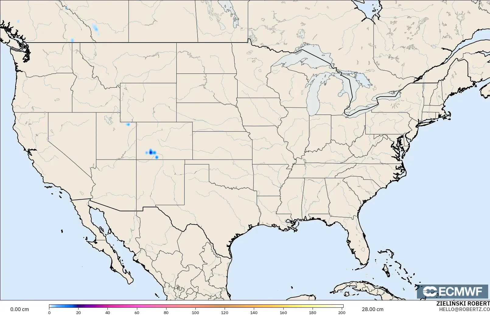 ECMWF IFS 0.25° model - United States, Snow Depth