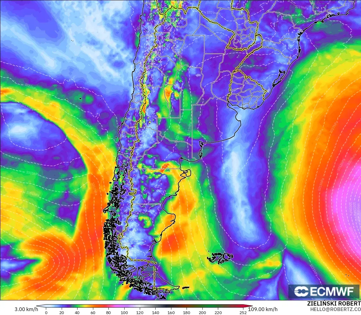 ECMWF IFS 0.25° model - Argentina, Wind Gusts Peak