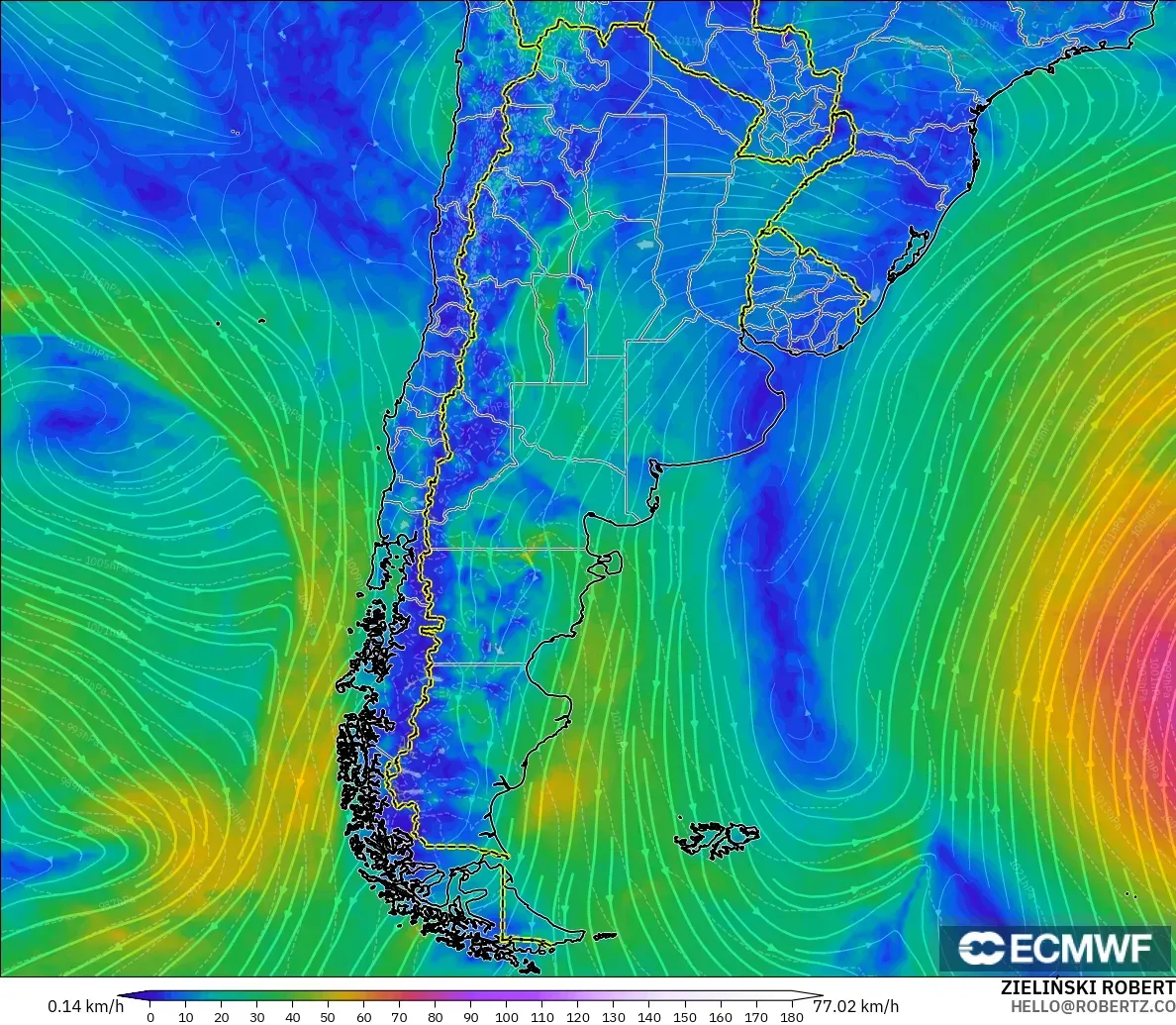 ECMWF IFS 0.25° model - Argentina, Wind at 10m