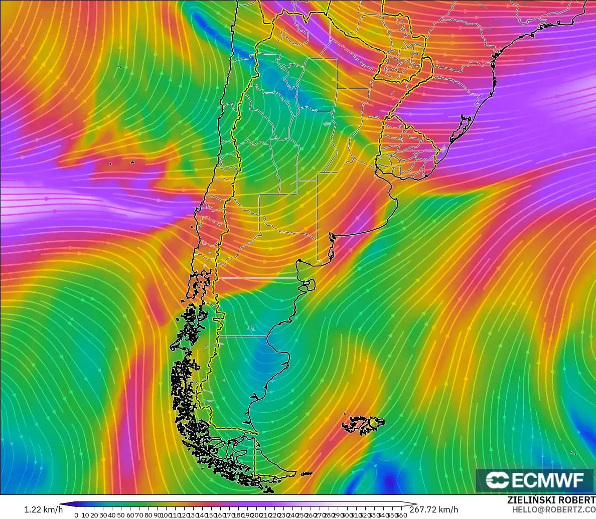 ECMWF IFS 0.25° model - Argentina, Wind at 300hPa (jet stream)