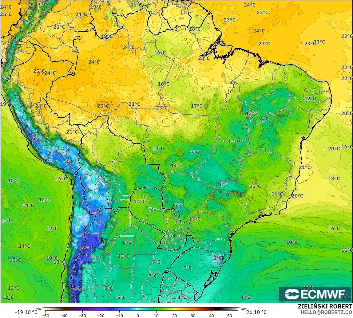 ECMWF IFS 0.25° model - Brazil, Dewpoint at 2m