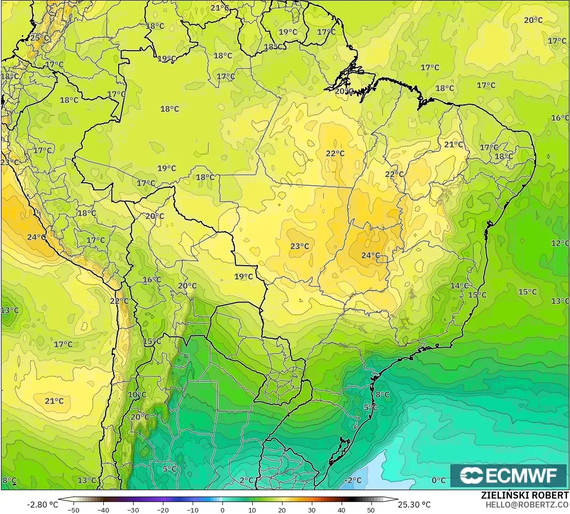 ECMWF IFS 0.25° model - Brazil, Temperature at 850hPa