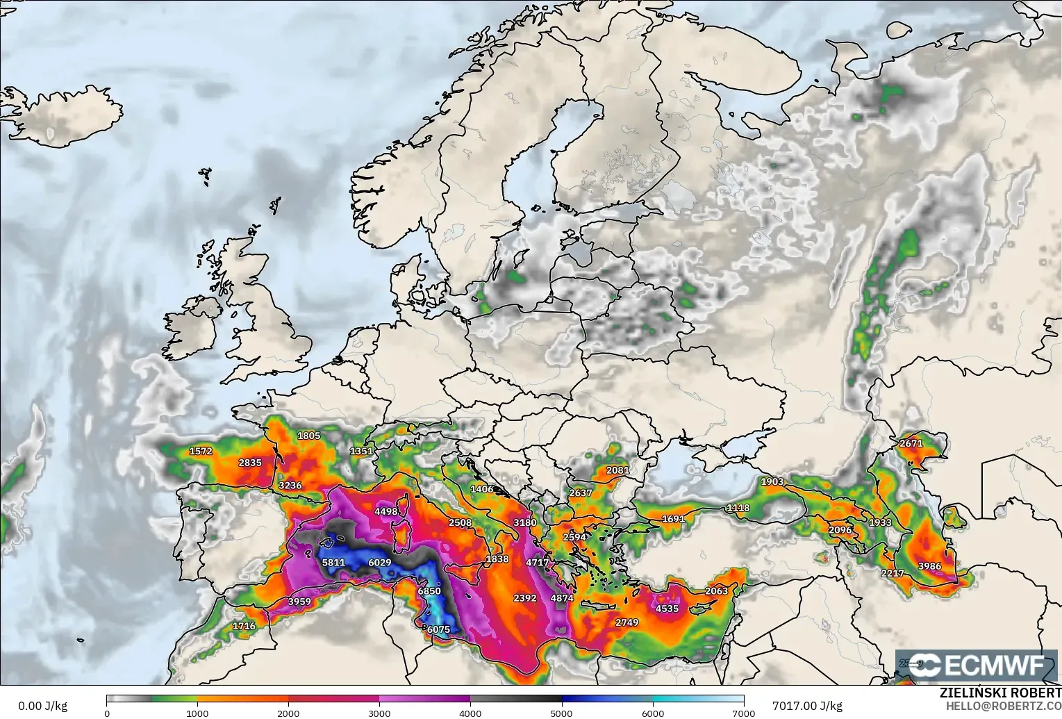 ECMWF IFS 0.25° model - Europe, CAPE