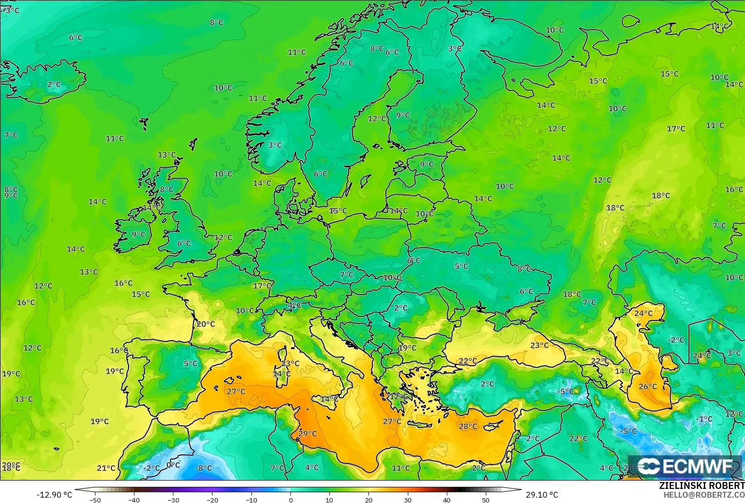 ECMWF IFS 0.25° model - Europe, Dewpoint at 2m