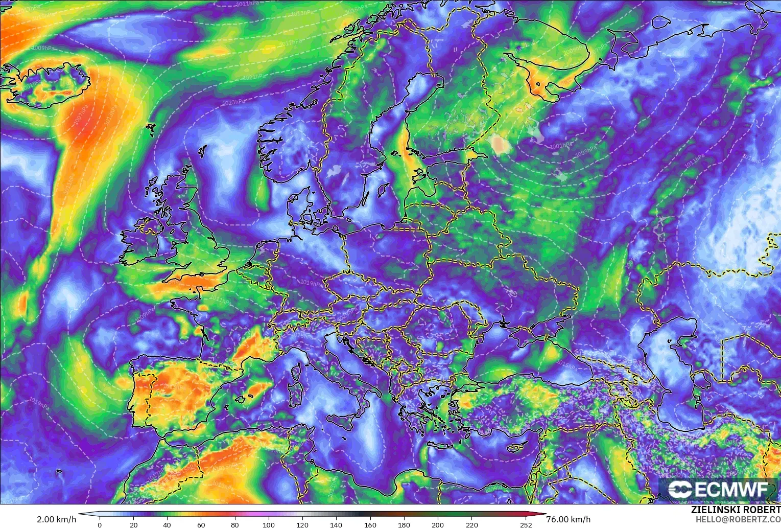 ECMWF IFS 0.25° model - Europe, Wind Gusts Peak