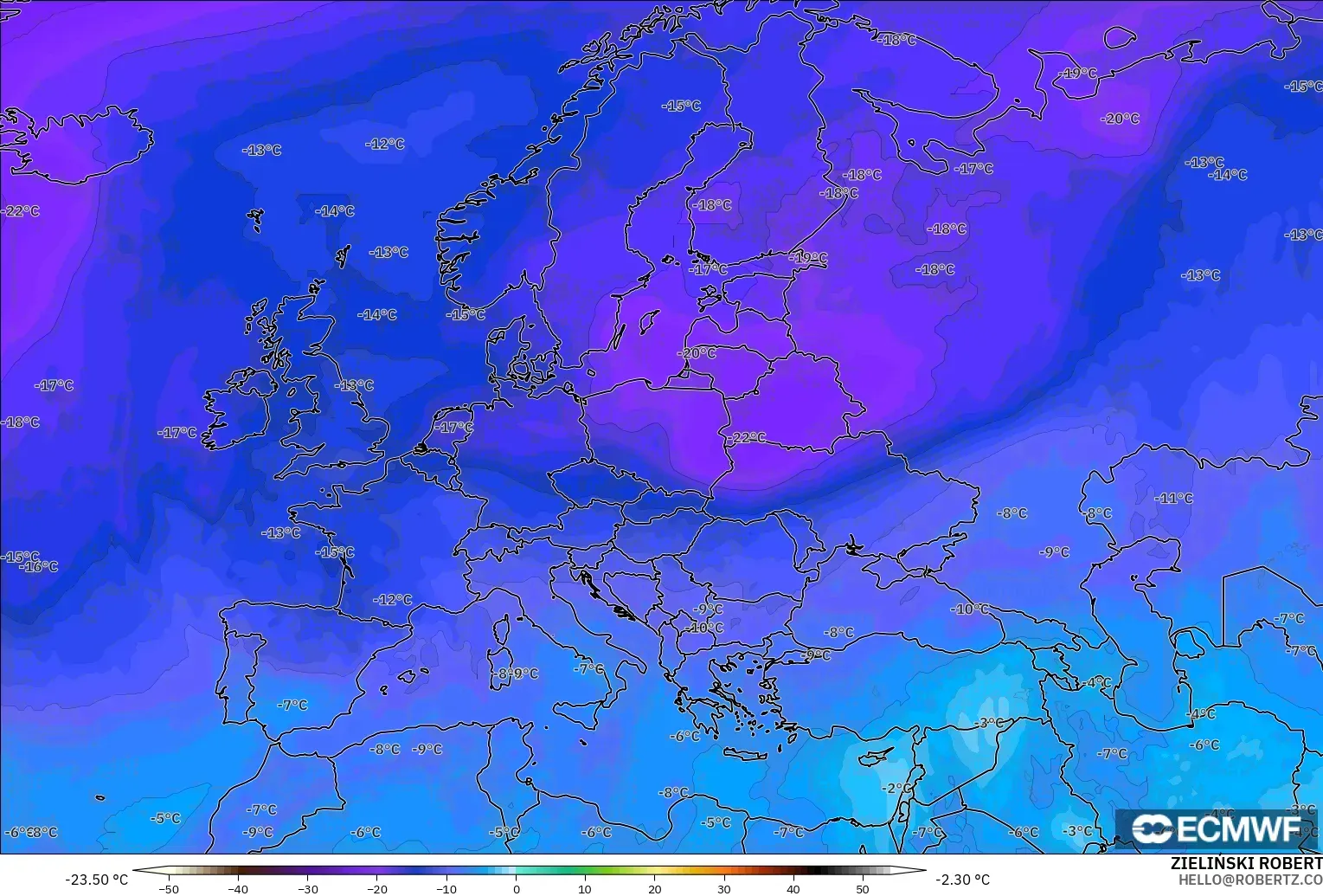 ECMWF IFS 0.25° model - Europe, Temperature at 500hPa
