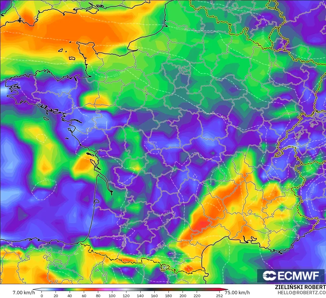 ECMWF IFS 0.25° model - France, Wind Gusts Peak