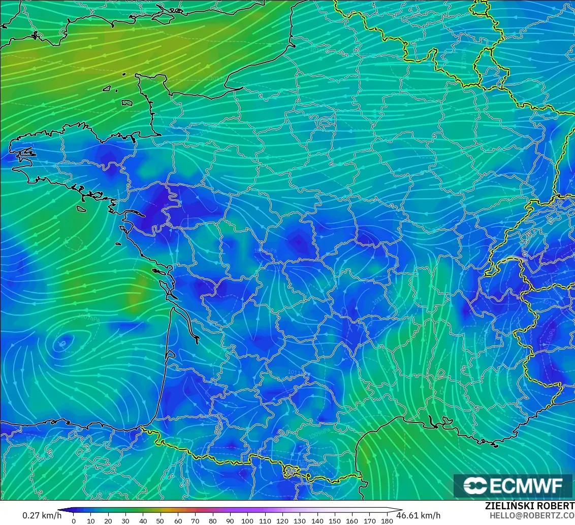 ECMWF IFS 0.25° model - France, Wind at 10m