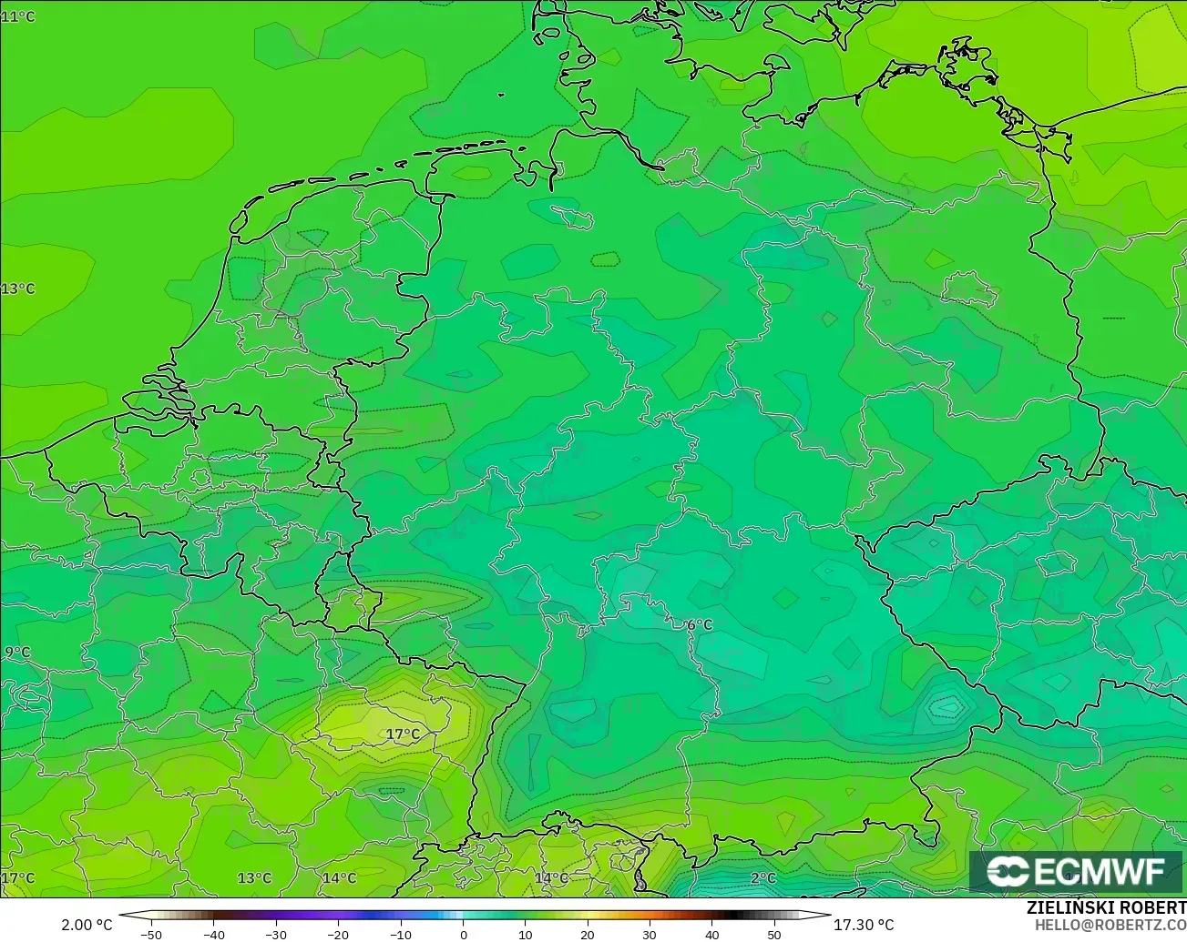 ECMWF IFS 0.25° model - Germany, Dewpoint at 2m