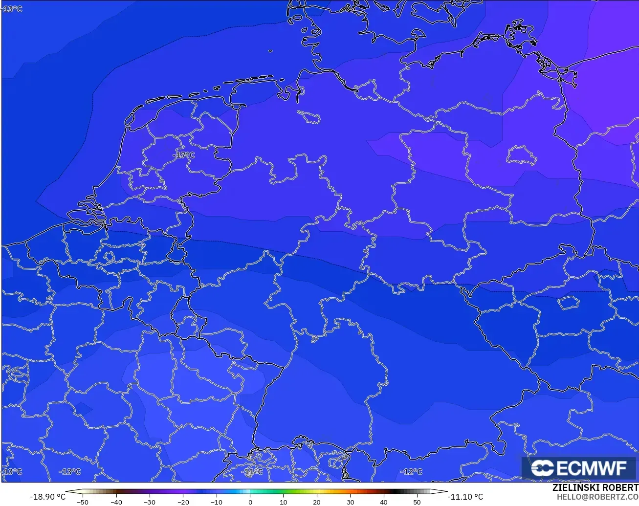 ECMWF IFS 0.25° model - Germany, Temperature at 500hPa