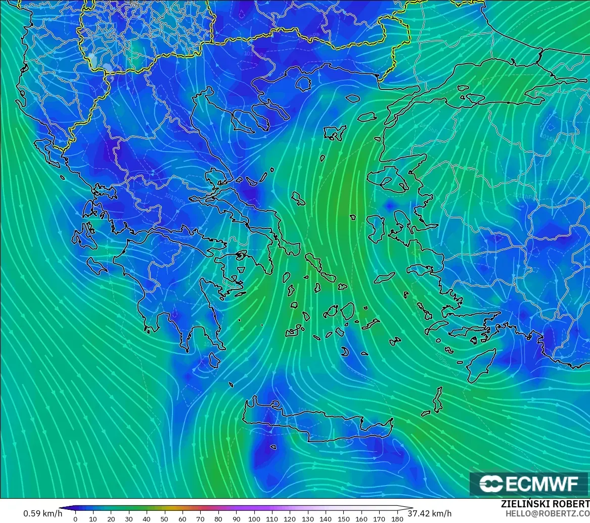 ECMWF IFS 0.25° model - Greece, Wind at 10m