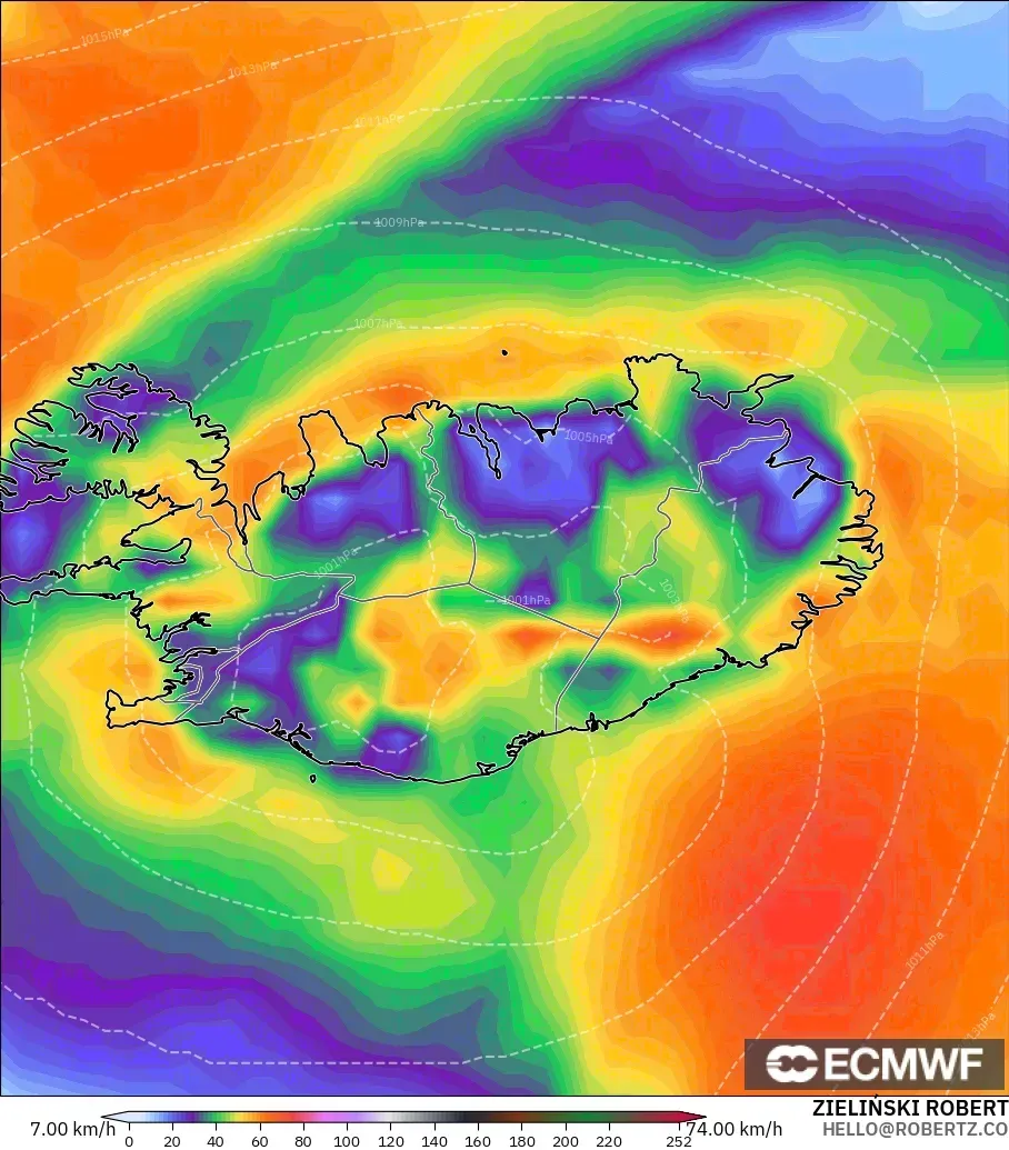 ECMWF IFS 0.25° model - Iceland, Wind Gusts Peak