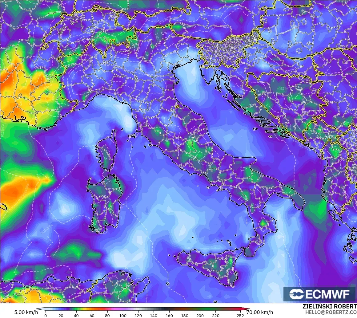 ECMWF IFS 0.25° model - Italy, Wind Gusts