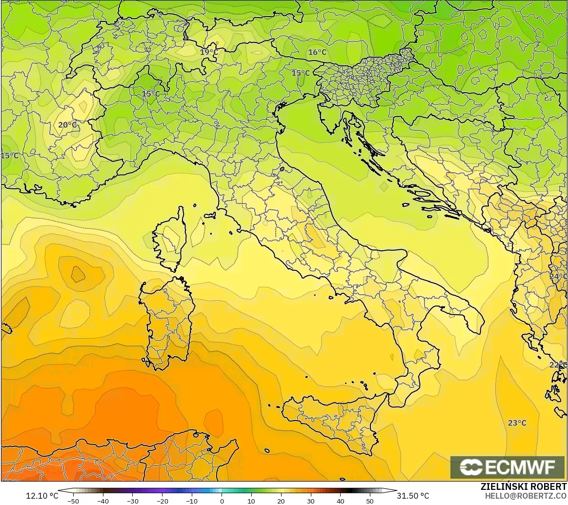 ECMWF IFS 0.25° model - Italy, Temperature at 850hPa