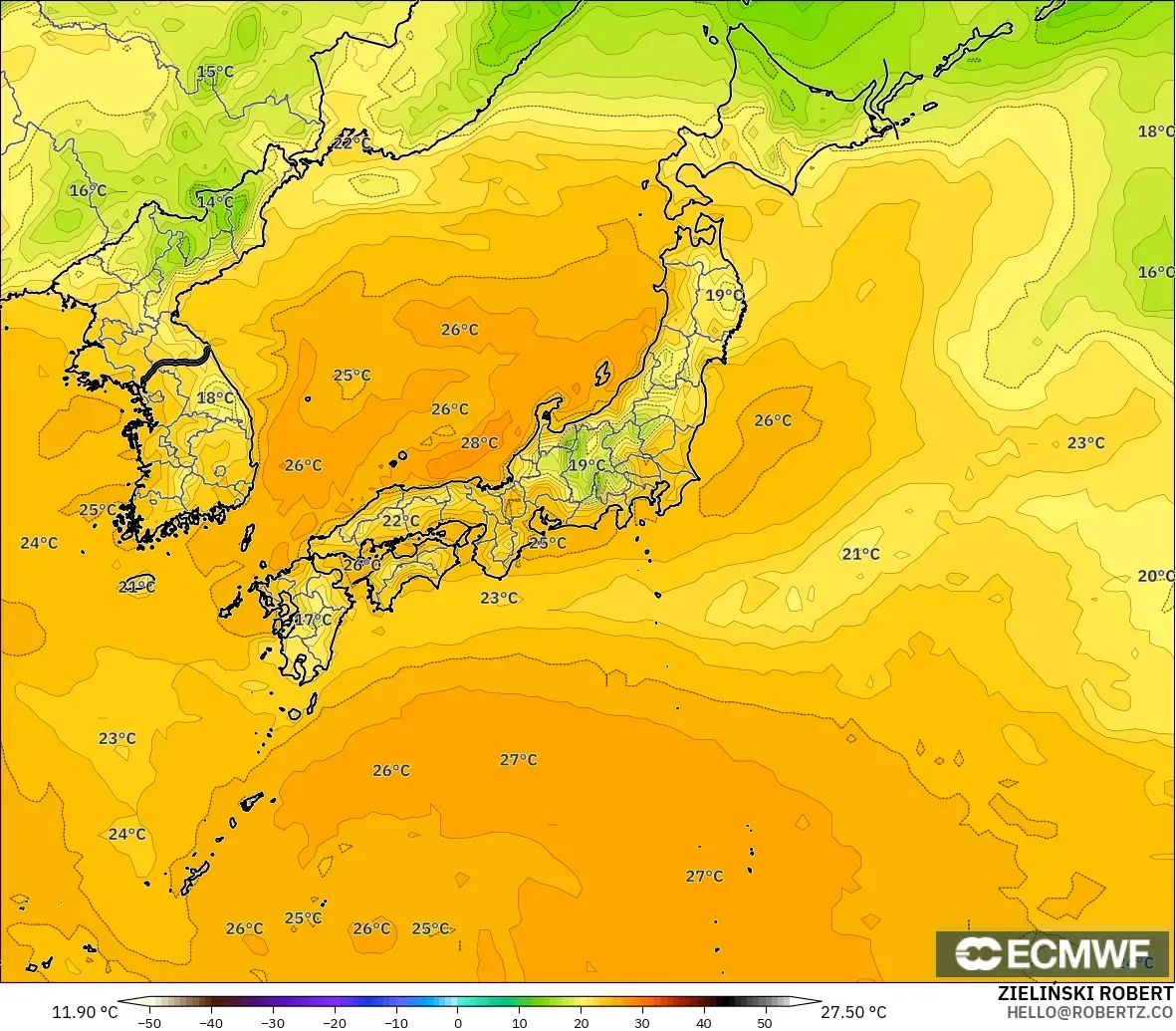 ECMWF IFS 0.25° model - Japan, Dewpoint at 2m