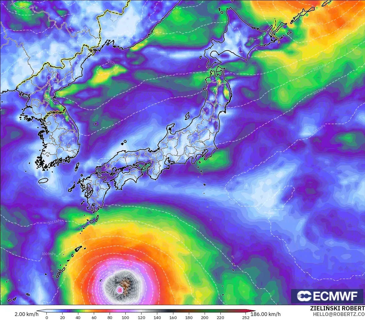 ECMWF IFS 0.25° model - Japan, Wind Gusts