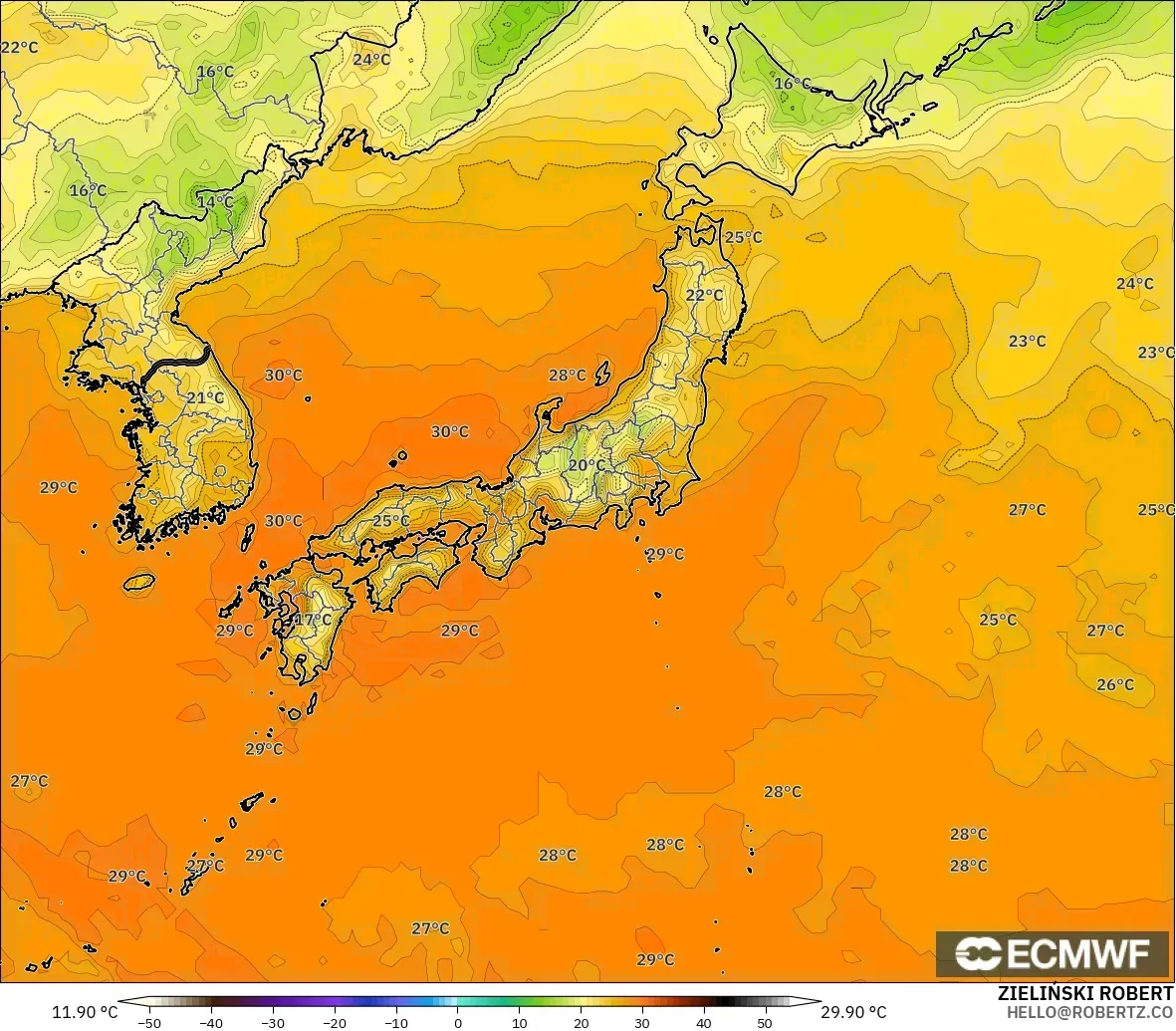 ECMWF IFS 0.25° model - Japan, Temperature at 2m