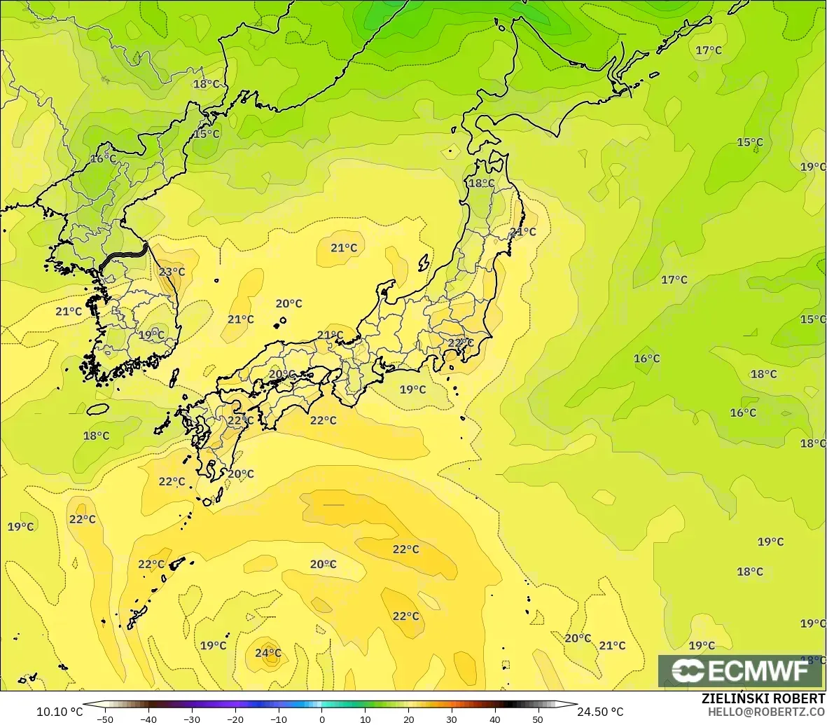 ECMWF IFS 0.25° model - Japan, Temperature at 850hPa