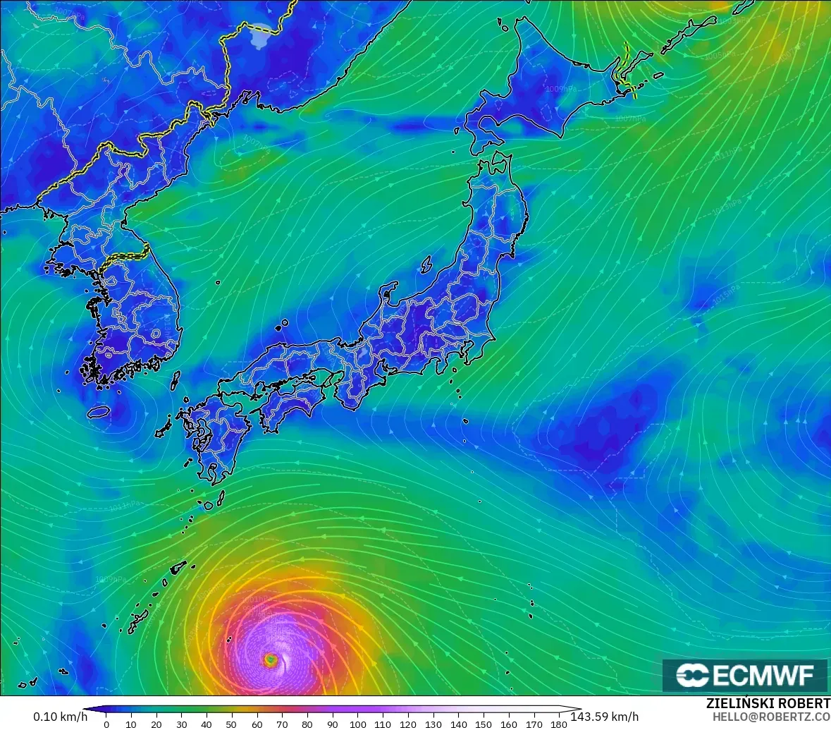 ECMWF IFS 0.25° model - Japan, Wind at 10m