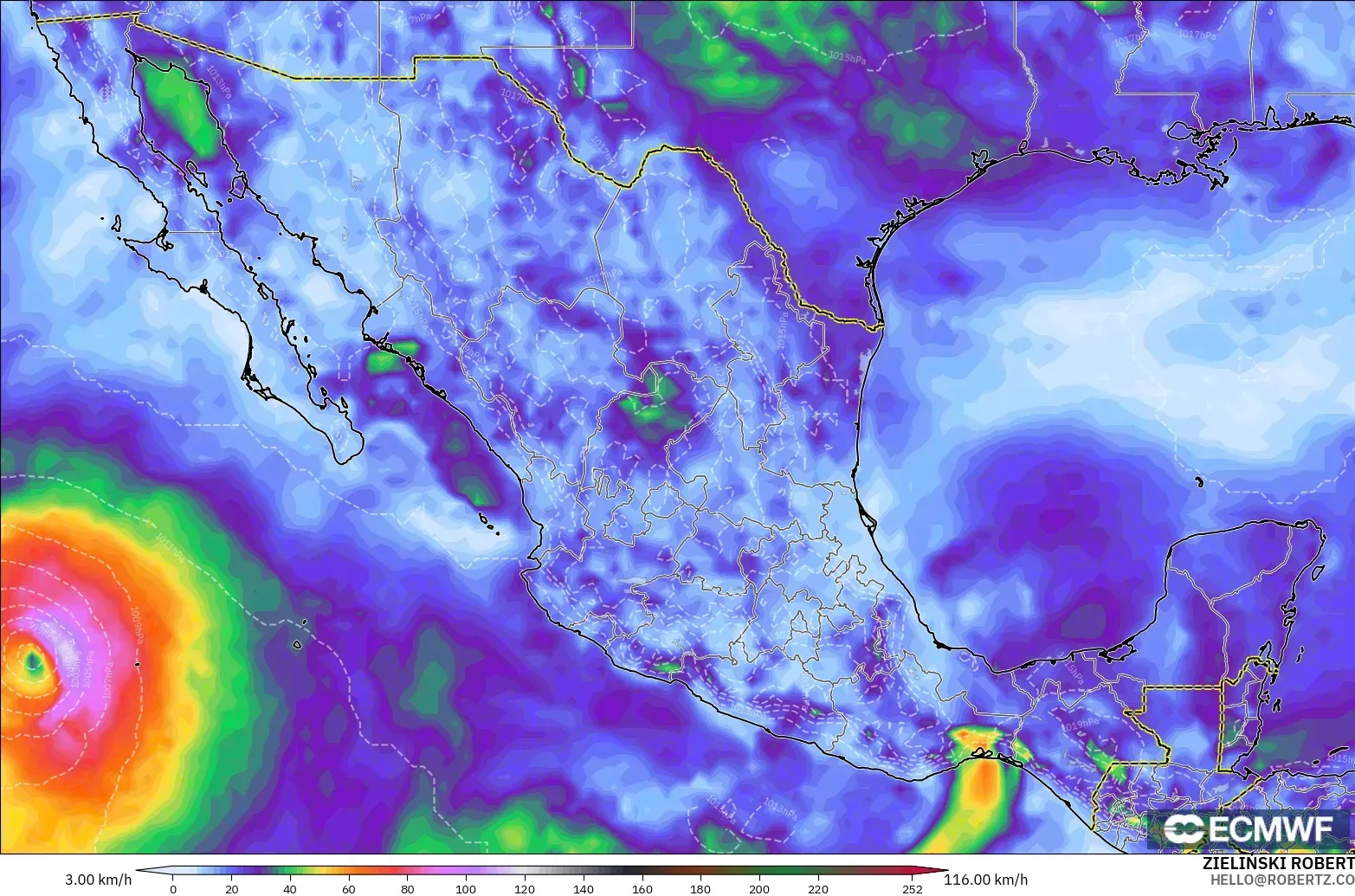ECMWF IFS 0.25° model - Mexico, Wind Gusts Peak