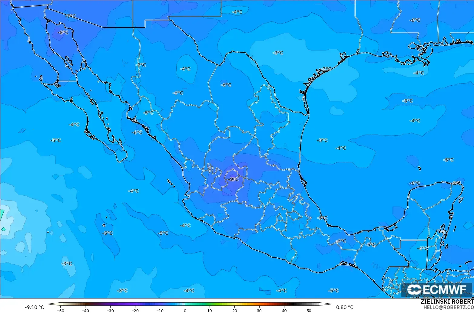 ECMWF IFS 0.25° model - Mexico, Temperature at 500hPa