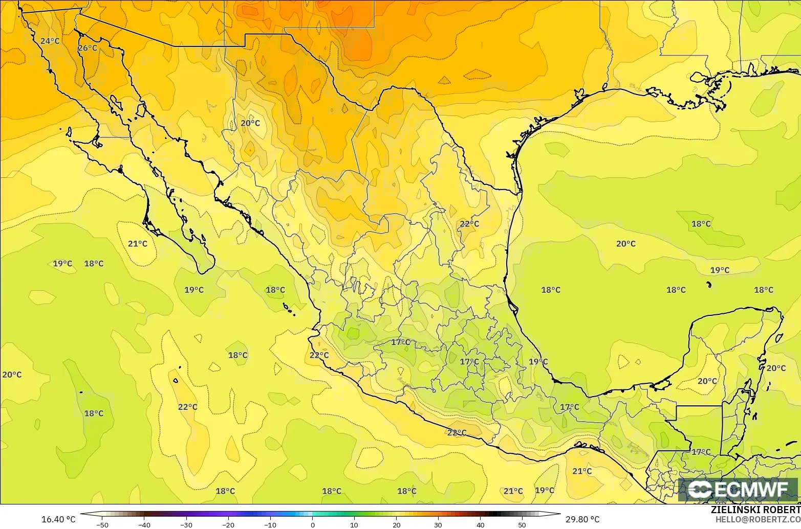 ECMWF IFS 0.25° model - Mexico, Temperature at 850hPa