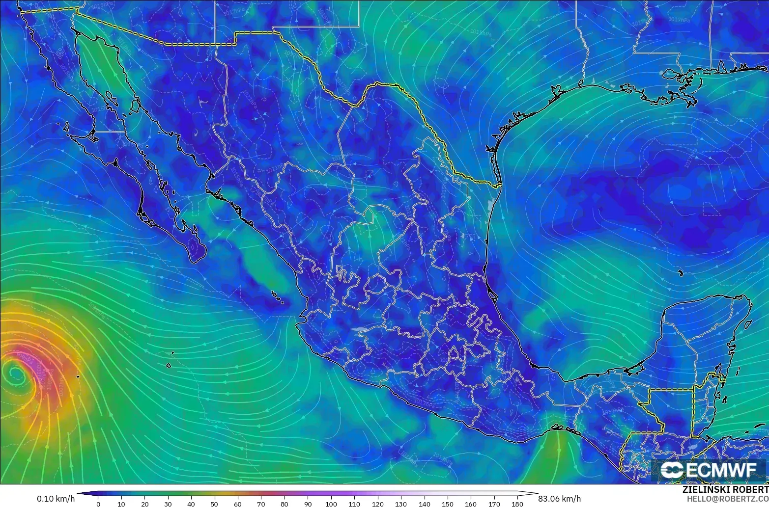 ECMWF IFS 0.25° model - Mexico, Wind at 10m
