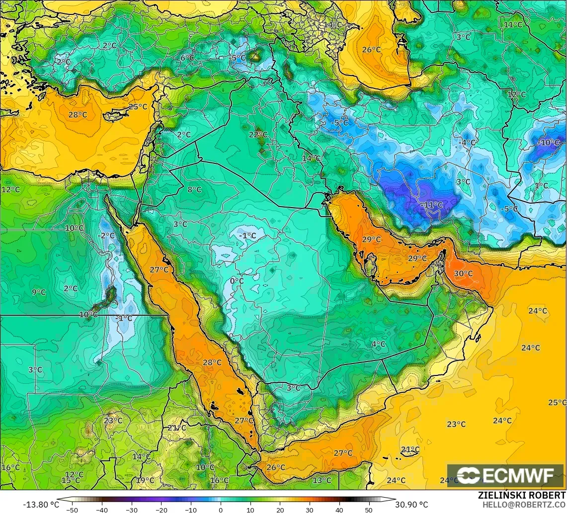ECMWF IFS 0.25° model - Middle East, Dewpoint at 2m