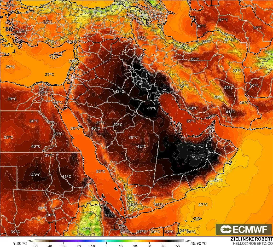 ECMWF IFS 0.25° model - Middle East, Temperature at 2m