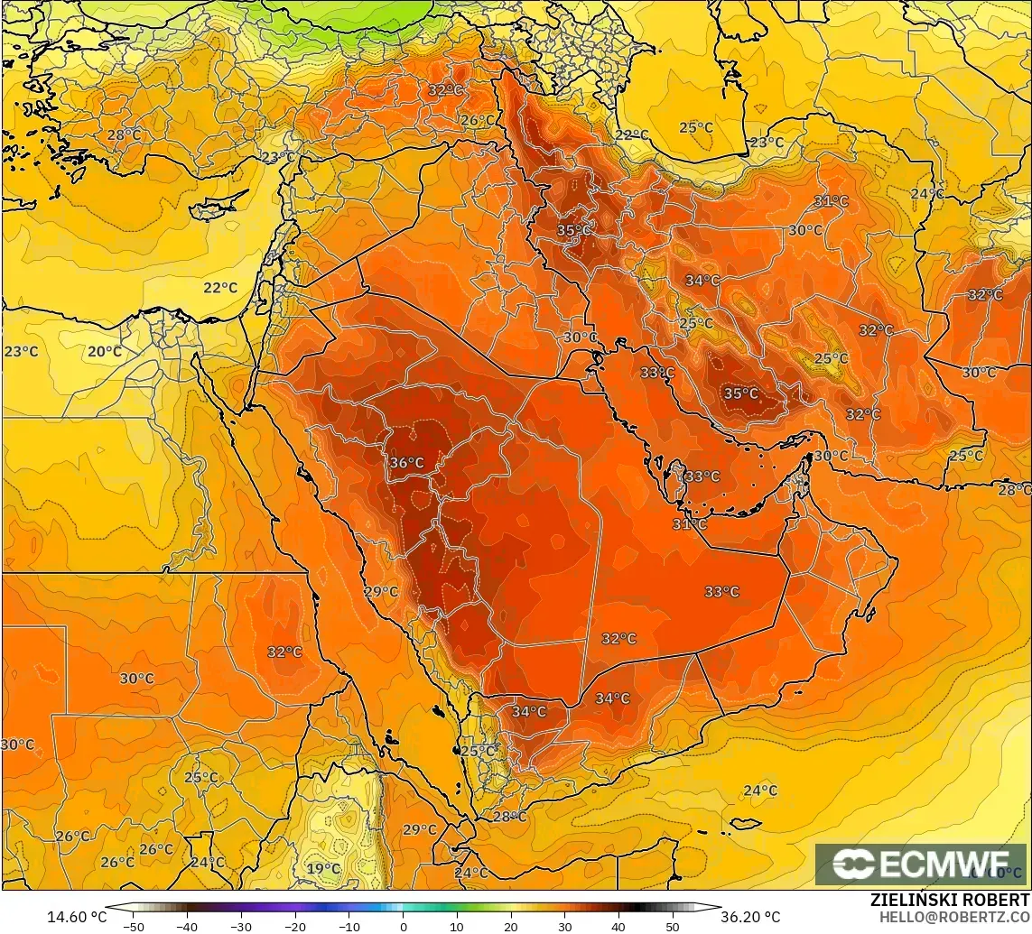 ECMWF IFS 0.25° model - Middle East, Temperature at 850hPa