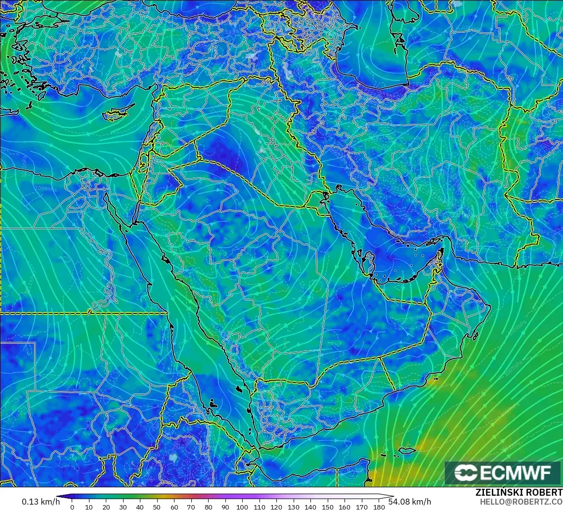 ECMWF IFS 0.25° model - Middle East, Wind at 10m