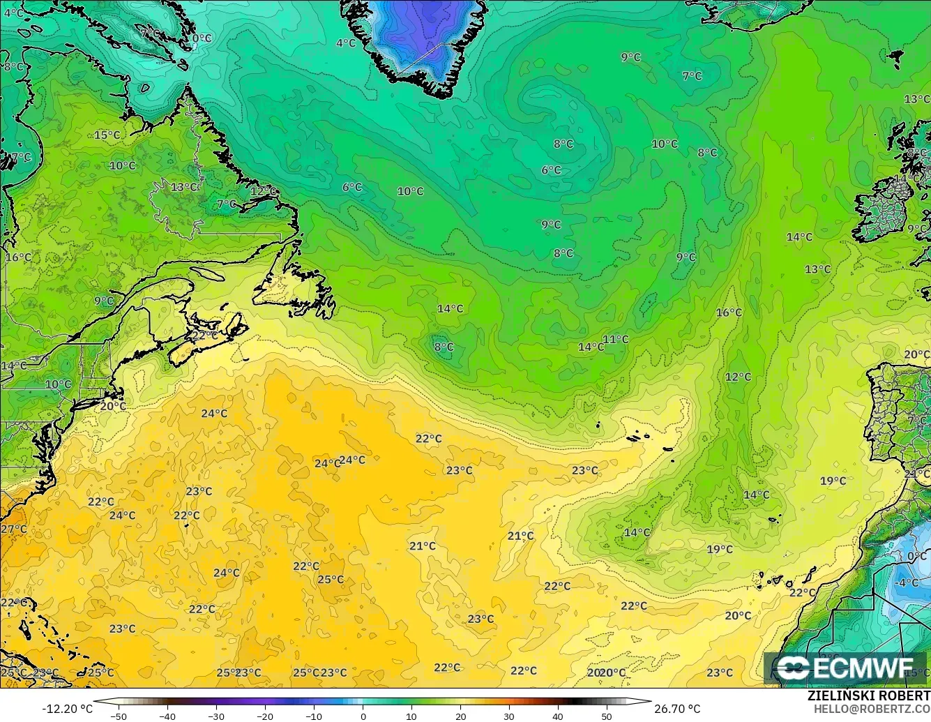 ECMWF IFS 0.25° model - North Atlantic, Dewpoint at 2m