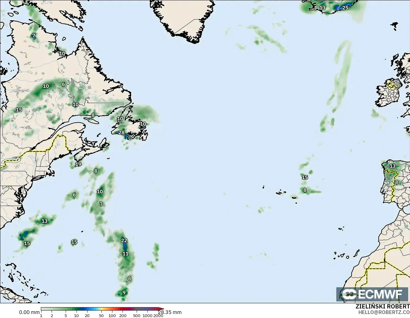 ECMWF IFS 0.25° model - North Atlantic, Precipitation Accumulation